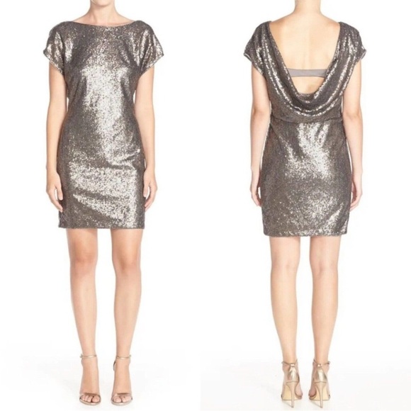 Vera Wang Dresses & Skirts - Vera Wang Sequin Sheath Dress Sz 14 Cowl Back Color Pewter Wedding Cocktail 0367